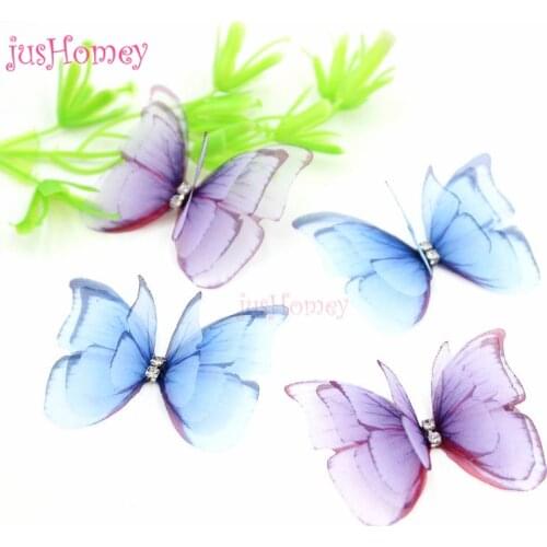 50PCS Handmade Organza Butterflies w/ Rhinestone 4-layer Printed Butterfly Accessory for DIY Wedding Bridal Hair Jewelry