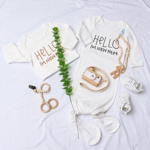 Free Size Newborn Baby Long Sleeve Knotted Gown Nightgown Sleeping Bags New Coming Home Outfit Letter Rainbown Printed Romper