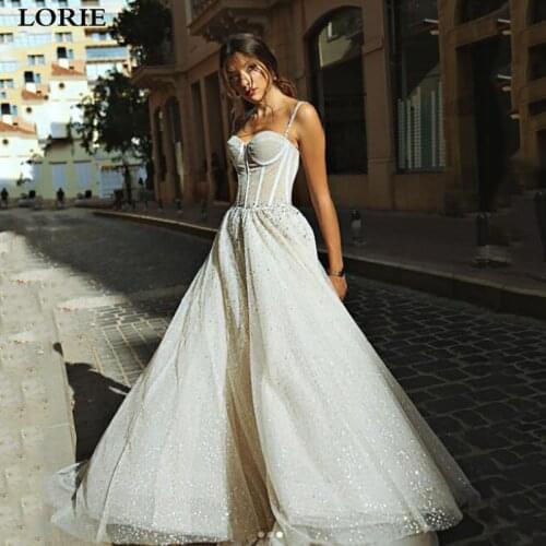 LORIE Shiny Sweetheart Princess Wedding Dresses Glitter Tulle Sexy Spaghetti Straps Boho Bride Gowns Custom Made