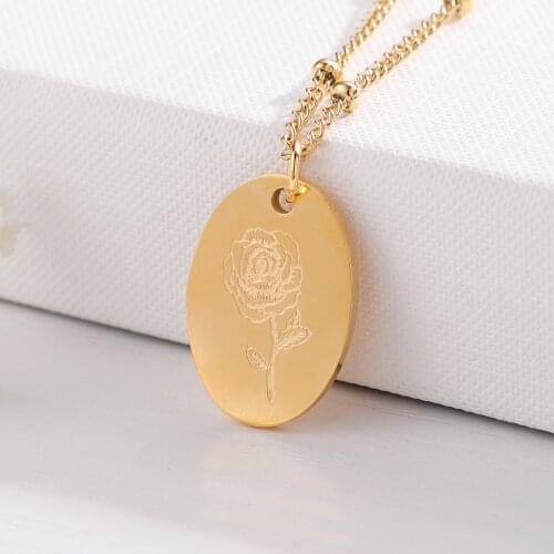 Personalized Birth Month Flower Necklace Custom Gold Disc Pendant Stainless Steel Carved flower Pendant For Women Jewelry Gift