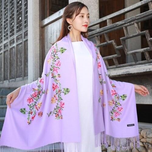 Net Red Wraps Capes New Winter Warm Scarf For Women/Lady Soft Wool Pashmina Shawls Flower Embroidery Cashmere-Like Poncho
