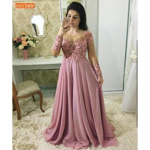 Graceful Chiffon Masquerade Pink Dresses Prom Long Sleeves O Neck Lace Appliques Beaded Prom Gowns Customized Women Formal Dress