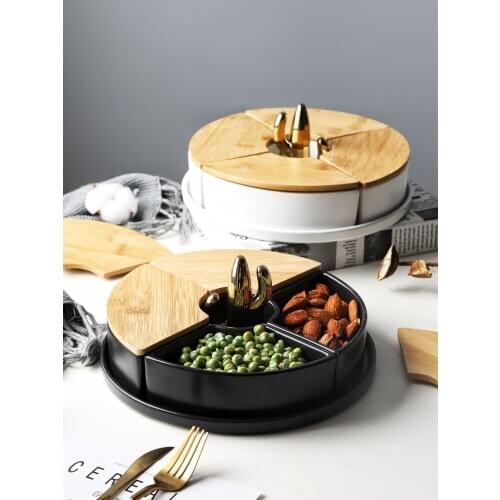 Ceramic dry fruit tray with cover living room fruit box Nordic creative snack plate melon seed candy dish suit tray CL110903