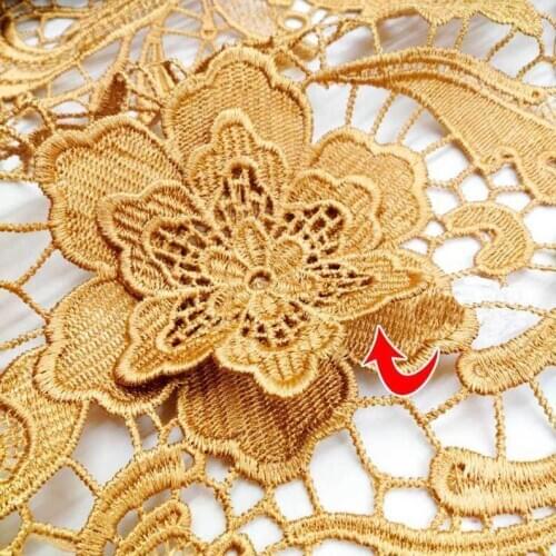 Gold lace fabric, heavy guipure lace fabric, crochet hollowed venise lace, 3D flower bridal lace fabric for sale sold by the yar