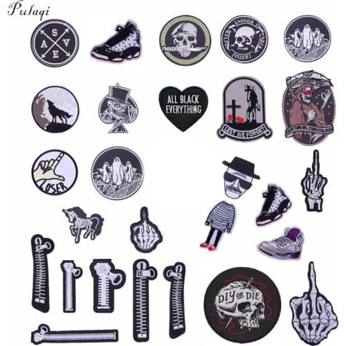 Pulaqi Fashion Skull Iron On Patches For Clothing Cool Punk Parch Embriodered Badges DIY Bags For Men Clothes F