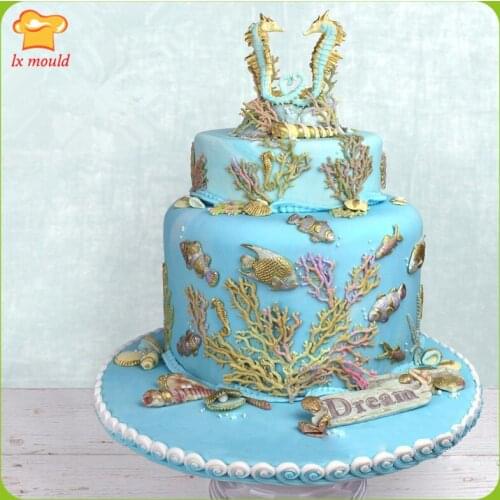 Marine Theme Fondant Chocolate Dry Pez Moulds Snail Mermaid Starfish Coral Waves Octopus Hippocampus Crab Baking Silicone Mould
