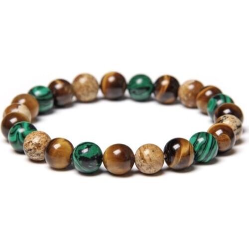 Handmade Men Bracelet Natural Tiger Eye Malachite Stone Beads Bracelet 8mm Round Jaspers Beaded Yoga Bracelet for Women Male