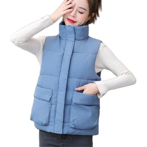 Solid Short Style Vests Lady Cotton Padded Plus Size Womens Winter Sleeveless Down Jackets Zipper Stand Collar Coats Outerwear
