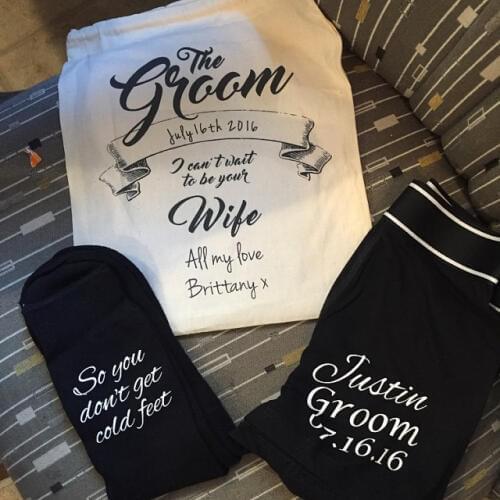 Personalised any name date Premium Groom Boxer Shorts & Socks Underwear Wedding Gift Bag Set, Custom usher bestman boxer socks