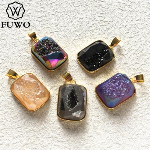 FUWO Faceted Aura Druzy Rectangle Connector Pendant With Gold Bezel Trimmed For Jewelry Making PD248