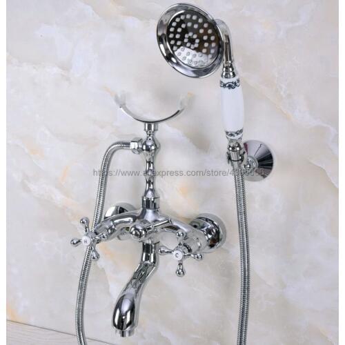 Polished Chrome Dual Handle Wall Mounted Bathtub Faucet Telephone Style Hand Held Shower Tub Mixers Tap Bna231