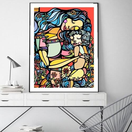 Retro Cartoon Abstract Mother And Child Flowers Print Posters Nursery Wall Art HD Canvas Painting Kids Room Pictures Home Decor