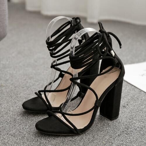 Gladiator Woman Sandals Black Suede Peep Toe High Heels Pumps Cross-Tied Narrow Band Ankle Strap Stilettos Summer Dress Shoes