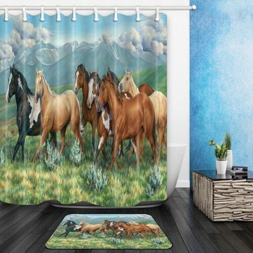 Brown Horse Shower Curtains Set Strong Animal Mountain Landscape Bathroom Decor Home Bathtub Curtain and Flannel Mat Carpet