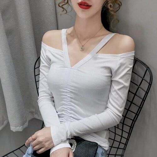 Wenfly Women Off The Shoulder T-shirt Halter Design V-Neck Long Sleeve Drawstring Tops Pleated Female T-shirt Casual