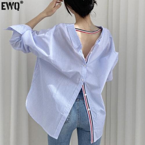 [EWQ] Korea Chic Autumn Fashion Trend Women Lapel Contrast Color Striped Single-breasted Casual Long-sleeved Shirt 2021 16E2205