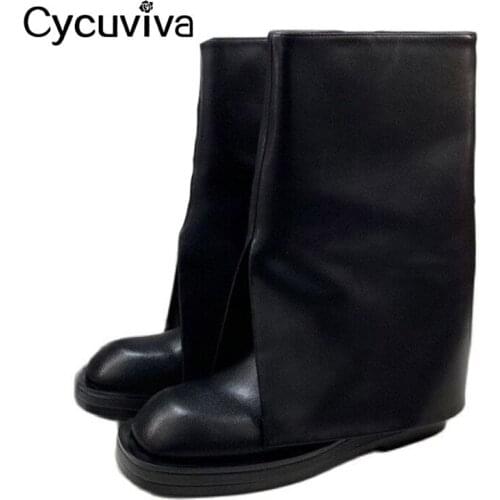 New Black Leather Mid-calf Boots Women Designer Combat Boots Runway Casual Shoes Woman Round Toe Winter Flat Knight Boots Woman