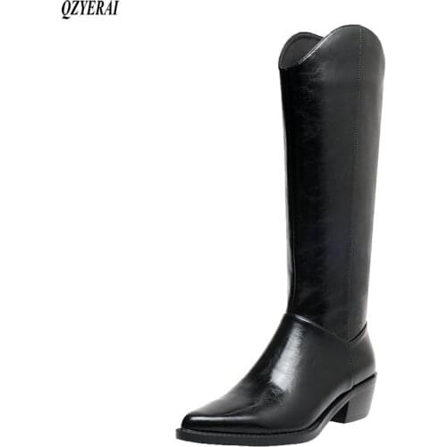 QZYERAI New style Genuine leather Female boots The knee boots Western fashion boots Womens boots cowhide Womens shoes