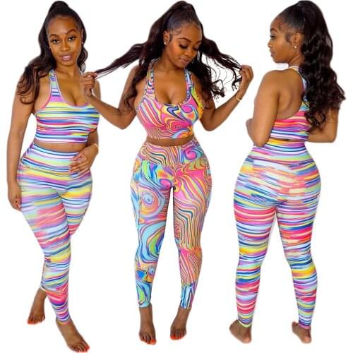 Echoine Women Casual Athleisure Outfit Striped Print Sleeveless Tank Top & High Waist Jogger Sweatpant Streetwear Two Piece Sets