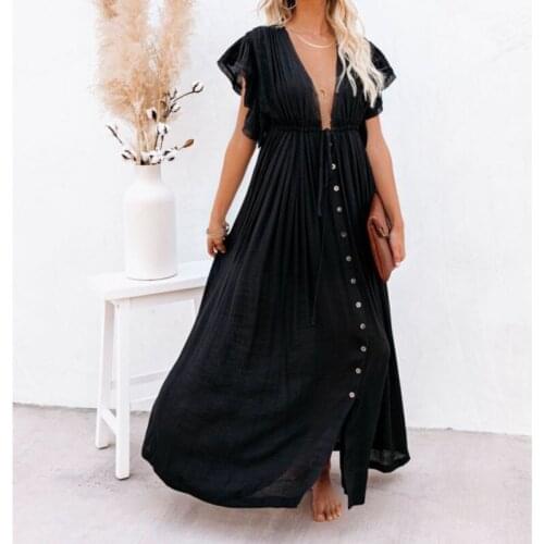 2021 Summer Sexy Beach Long Dress Women Boho Elegant Oversize Leated Drawstring Batwing Sleeve Deep V Neck Holiday Party Dresses