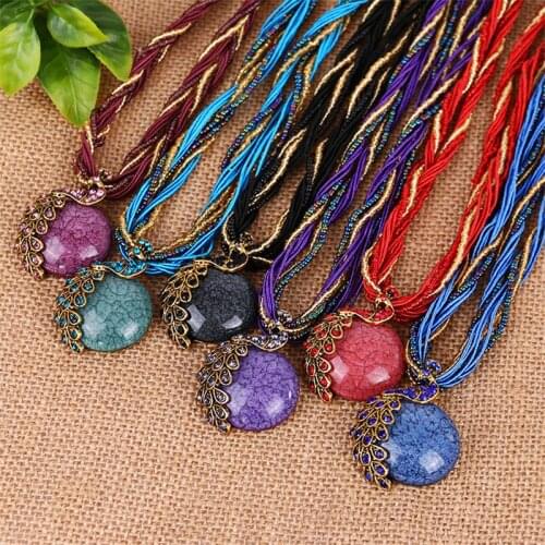 Boho Ethnic Jewelry choker Handmade Pendant Necklace Natural Stone Bead Peacock statement Maxi Necklace For Women Girls Gifts