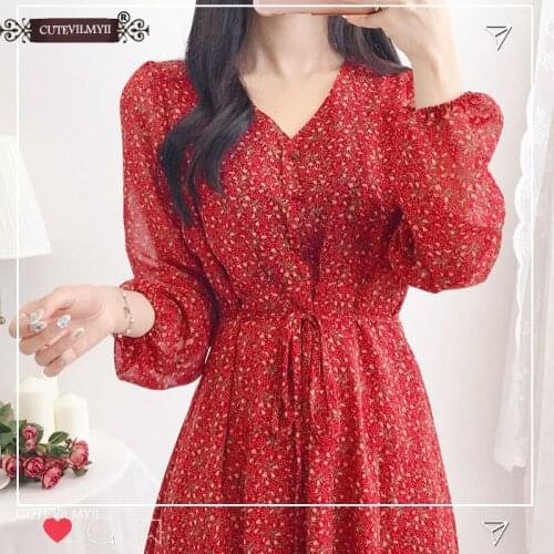 Summer Floral Print Chiffon Dress Single-breasted Lace-up Vestidos Femme 2020 Women Female A-line Korea Chic Dress