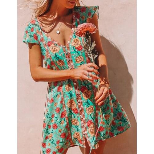Vintage floral print mini women boho cotton rayon dress flare short sleeve v neck summer dress beach vestidos party wear