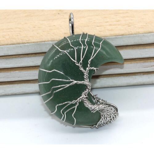 100-Unique 1 Pcs Silver Plated Wire Wrap Half Moon Natural Green Aventurine Pendant Ethnic Style Jewelry