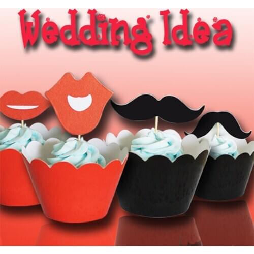 24pcs/lot Moustache Red Lips Cupcake Wrappers Toppers Kids Party Birthday Wedding Decoration Design cupcake decorating tools