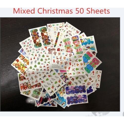 50Sheets Christmas Pattern for Nail Water Transfer Sticker 3D Halloween Flower Glitter Animal Design Nail Art Transfer Foils