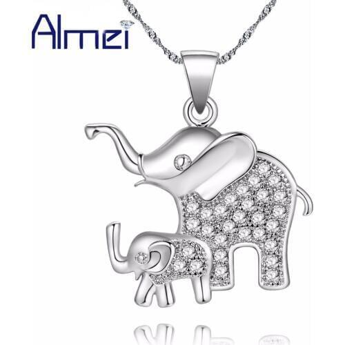 Almei Animal Pair Elephants Necklace For Female Women Silver Color Bijouterie Necklaces & Pendants Jewelry With Stones PN4373