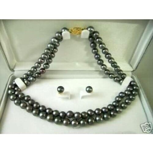 FREE shipping>>>>>2row 7-8MM Black Freshwater Pearl Necklace(18") Earring Set
