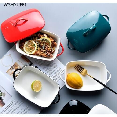 Household ceramic baking tray with lid cheese baked rice tray binaural baking bowl baking pasta tray oven microwave oven