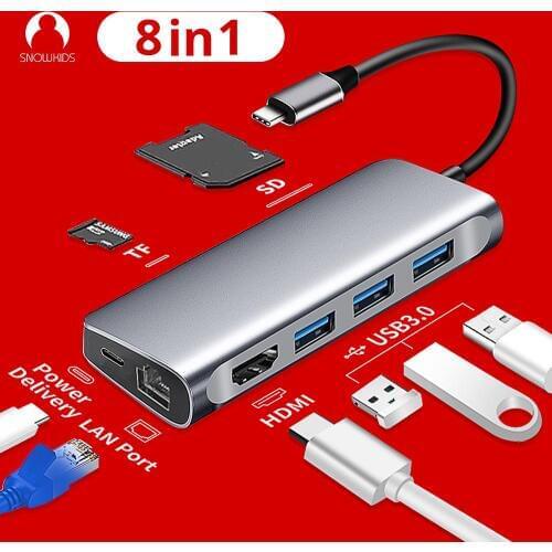 Snowkids Type C Hub Docking Station for Laptop Smart Phone 8 in 1 PD LAN HDMI USB3.0 SD TF Port Expansion Huawei MateBook 13