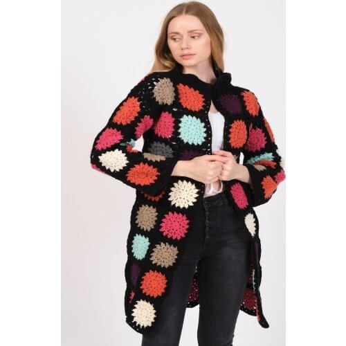 Granny Square Wool Blended Yarn Cardigan,Handmade Patchwork Jacket,Handmade Wool Blended Yarn Coat,Granny Square Jacket