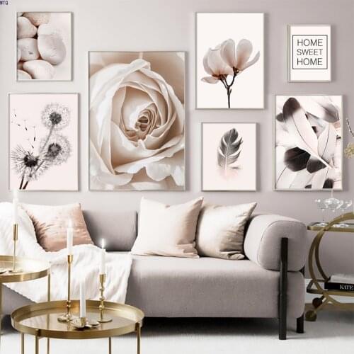 Rose Flower Canvas Painting Feather Dandelion Cobblestone Posters And Prints Plants Wall Art Pictures For Living Room Decor