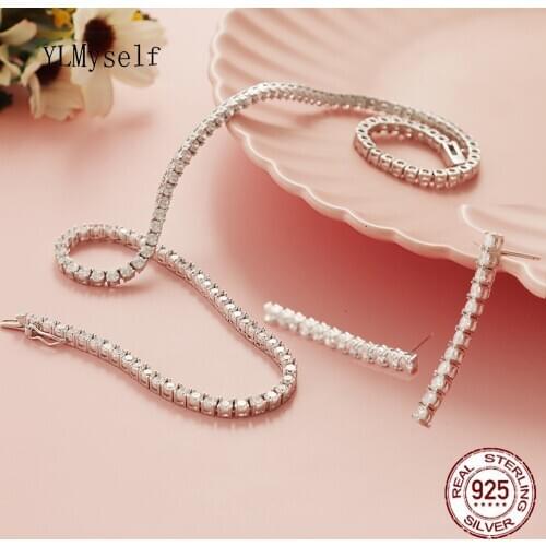 Solid 925 Sterling Silver Tennis Necklace (16")/Earrings Set Pave Stunning 3mm Cubic Zirconia Bridal Eternal Jewelry for Wedding