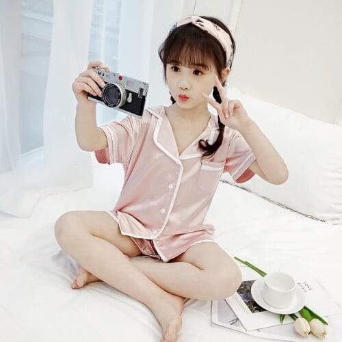 Children Pajamas Set Summer Fashion Kids Patchwork Home Sleepwear Pink/Navy Big Girls Tops Blouse And Shorts 2 Pieces Suits