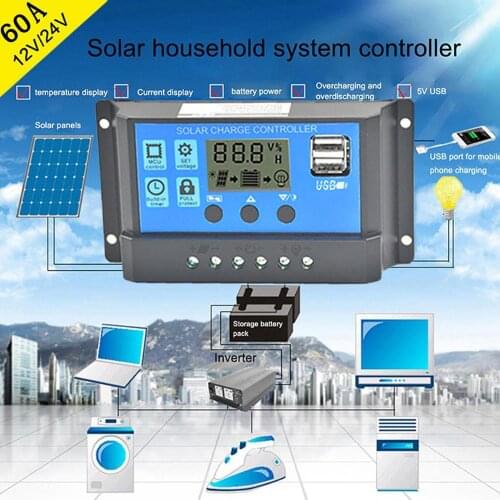 Solar Panel Charger Controller 60A 12V/24V Battery Regulator Dual USB LCD Display Solar System Controller Hot Sale