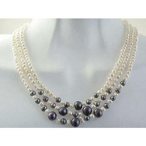 Beautiful! 3row 6-7mm white & black 2014 new fashion free shipping pearl necklace BV371