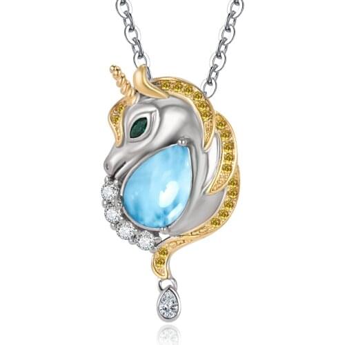 Larimar Unicorn Pendant 925 Sterling Silver Pear Cut Natural Larimar Women Pendant Necklace For Gift