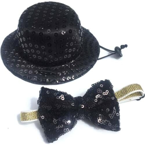 Small Dog Black Sequined Cylinder Top Hat with Bow Tie Set Costume Pet Festive