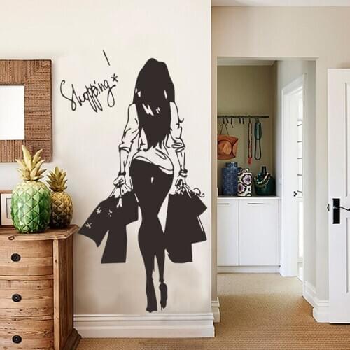 Fashion Shopping girl wall stickers PVC Waterproof Material Art Poster Wall Decal For Girl room Decoration mural