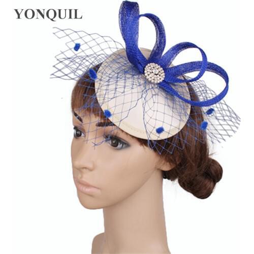 Fashion Royal Blue Sinamay Fascinator Satin Base with Dot Birdcage Veil Rhinestone Brooch for Wedding Headwear Bridal Party Hats