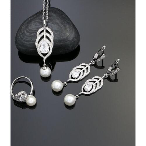 925 Sterling Silver Bridal Jewelry Sets White Pearl Beads Cubic Zirconia For Bride Accessories Earrings Pendant Necklace Ring