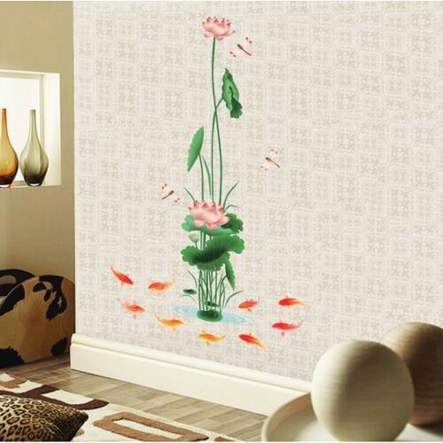 Lotus pond goldfish wall sticker PVC Material DIY Lotus dragonfly wall decals for Living room sofa background wall decor sticker