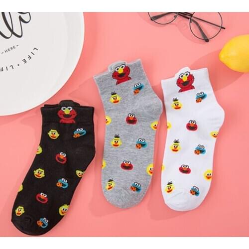 Socks Women Streetwear Sesame Street Cartoon Socks Short Girls Harajuku Cute Ankle Socks Elmo Cotton Funny Sock Black White