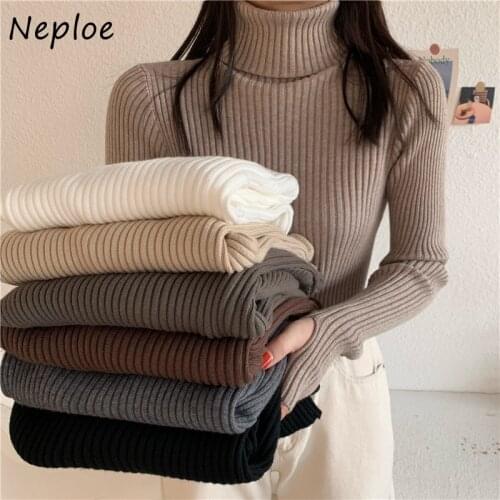 Neploe Solid Color Turtleneck Slim Fit Knitted Pullovers Autumn Winter 2021 New Fashion Women Tops Long Sleeve Simple Sweaters