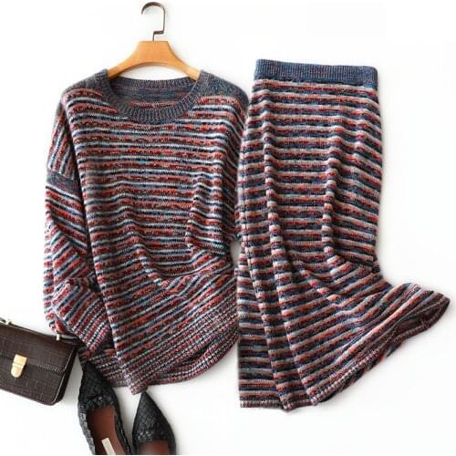 Autumn and winter 2020 new 100 pure cashmere suit womens skirt sweater stripe two piece set