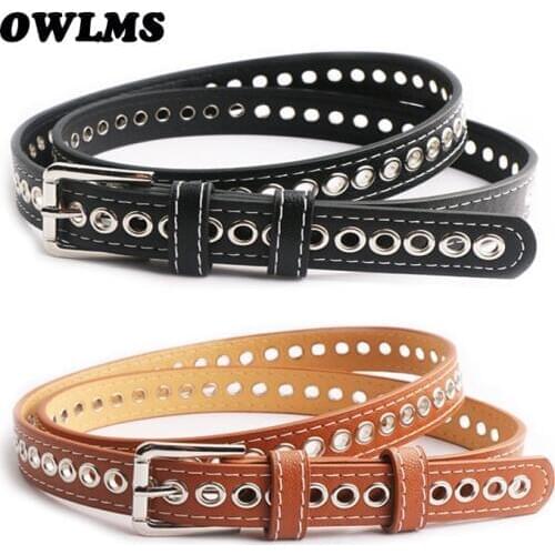 Women Belt solid color PU Leather Waist Strap silver pin Buckle Belts Woman Fashion thin Hollow Waistband jeans students girl